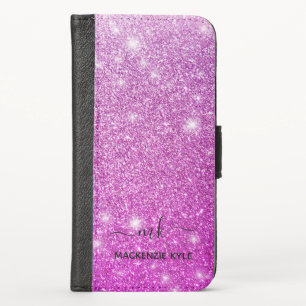 Cute Girly Pink Ombre Glitter Monogram  iPhone X Wallet Case