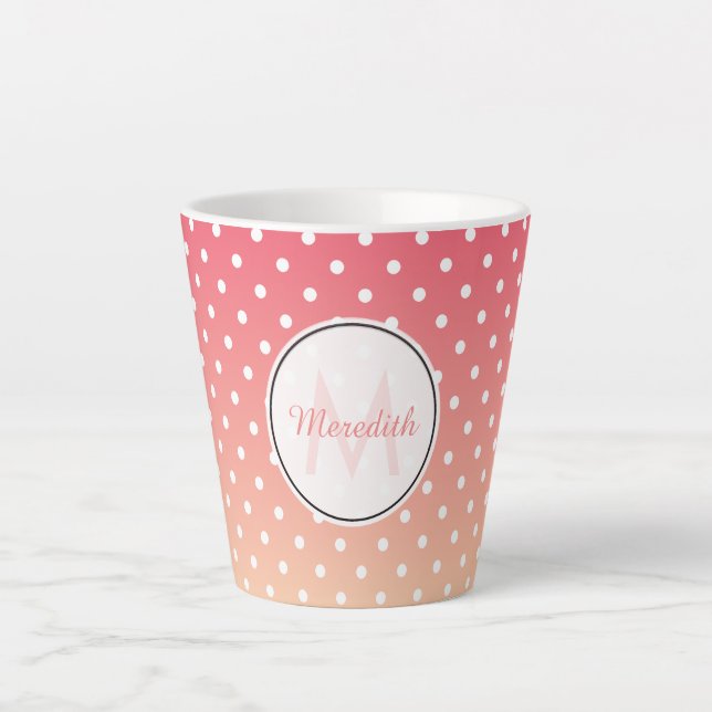 Cute Girly Pink Ombre Polka Dot Monogram Latte Mug (Front)