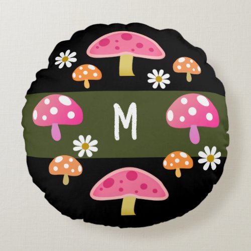 Cute Girly Pink Orange Mushrooms Monogrammed Round Pillow