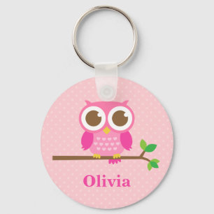 Cute Girly Pink Owl on Branch For Girls Keychain