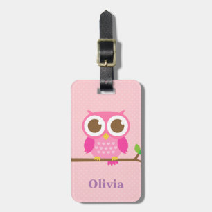 Cute Girly Pink Owl on Branch For Girls Luggage Tag