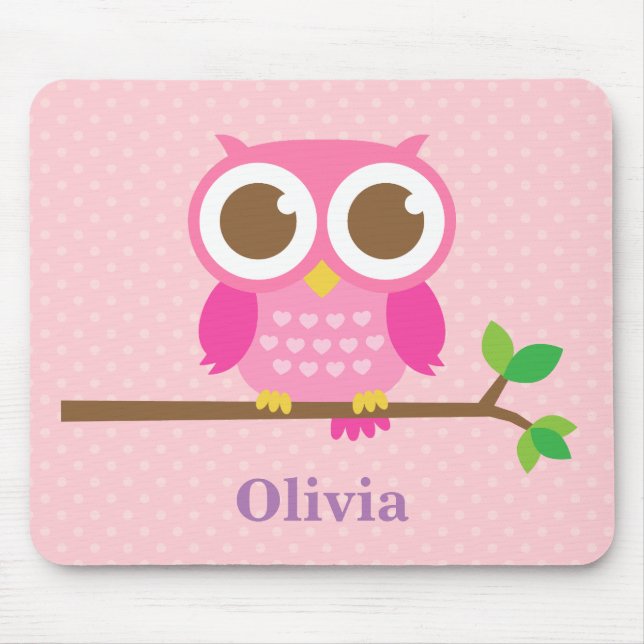 Cute Girly Pink Owl on Branch For Girls Mouse Pad (Front)