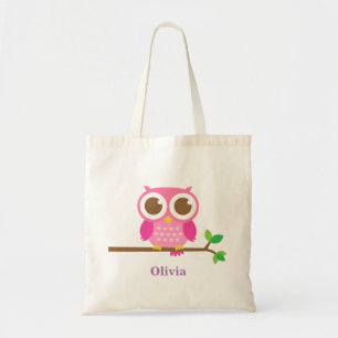 Cute Girly Pink Owl on Branch For Girls Tote Bag