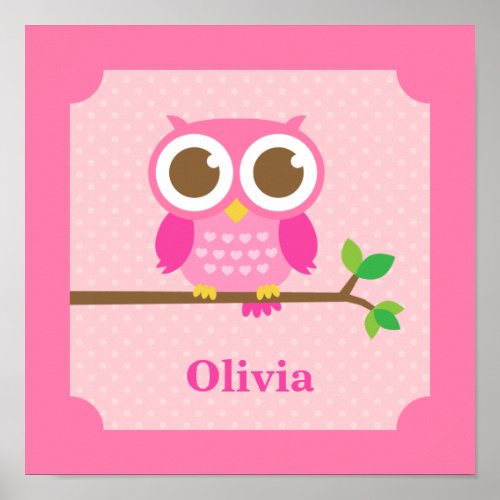 Cute Girly Pink Owl on Branch Girls Room Decor