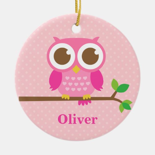 Cute Girly Pink Owl on Branch Girls Room Decor Ceramic Ornament