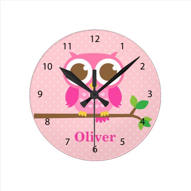 Cute Girly Pink Owl on Branch Girls Room Decor Round Clock