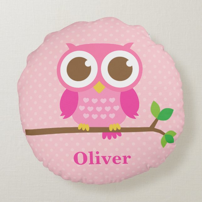 Cute Girly Pink Owl on Branch Girls Room Decor Round Pillow (Back)