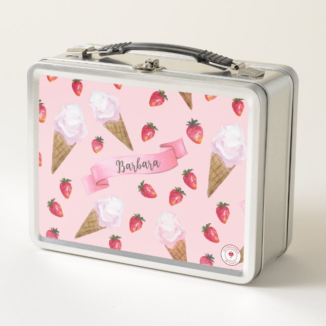 Cute Girly Pink Personalized Strawberry Ice Cream Metal Lunch Box (Front)