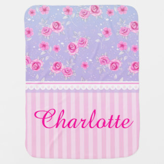 Cute Girly Pink Pink Floral Pattern Custom Name Stroller Blanket
