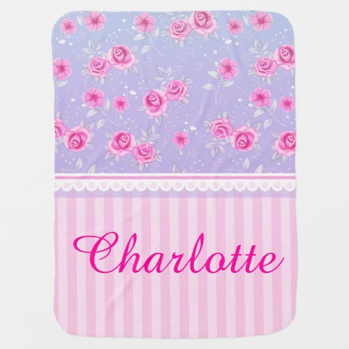 Cute Girly Pink Pink Floral Pattern Custom Name Stroller Blanket