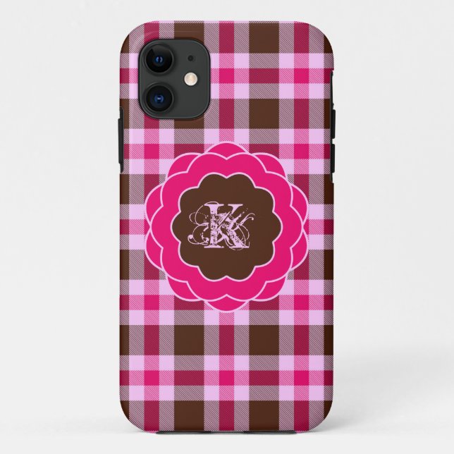 Cute Girly Pink Plaid Monogram Case-Mate iPhone Case (Back)