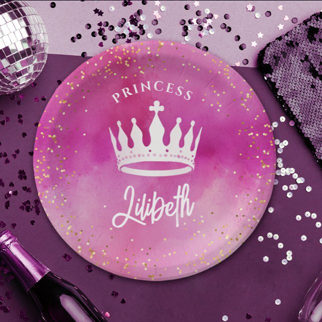 Cute Girly  Pink Princess Crown Tiara Watercolor Paper Plates (Creator Uploaded)