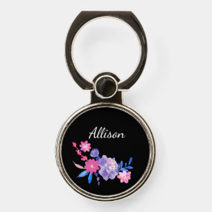 Cute Girly Pink Purple Black Floral Monogram Name Phone Ring Stand