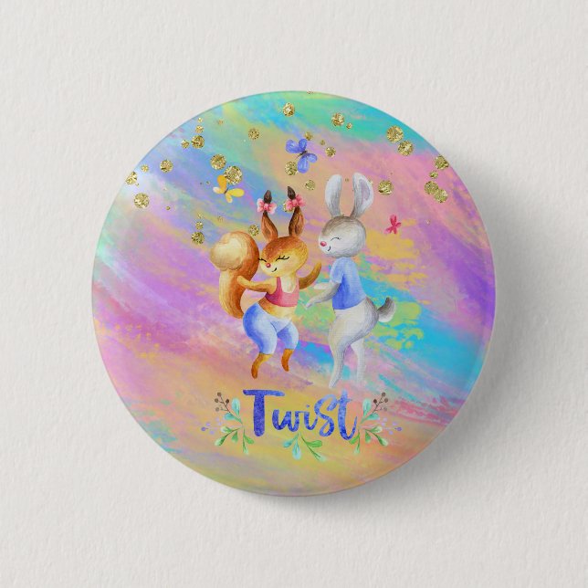 Cute Girly Pink Purple Blue Forest Animals Party Button (Front)