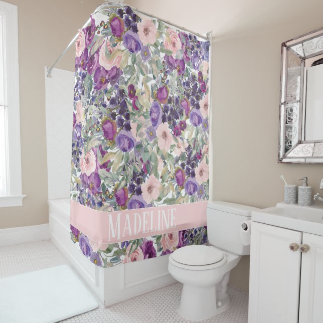 Cute Girly Pink Purple Flowers Your Name Shower Curtain (In Situ)