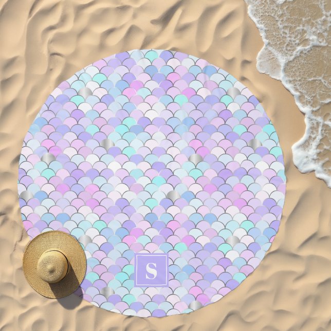 Cute Girly Pink Purple Mermaid Scales Monogrammed Beach Towel (Beach)