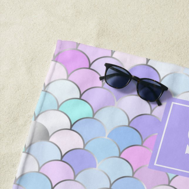 Cute Girly Pink Purple Mermaid Scales Monogrammed Beach Towel (In Situ)