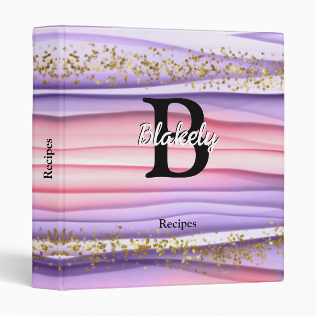 Cute Girly Pink & Purple Monogram Glitter Sparkle 3 Ring Binder (Front/Spine)