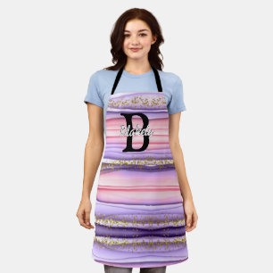 Cute Girly Pink & Purple Monogram Glitter Sparkle Apron