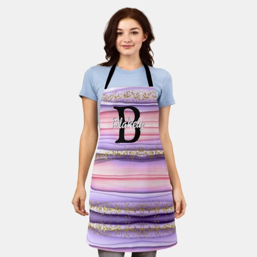 Cute Girly Pink  Purple Monogram Glitter Sparkle Apron