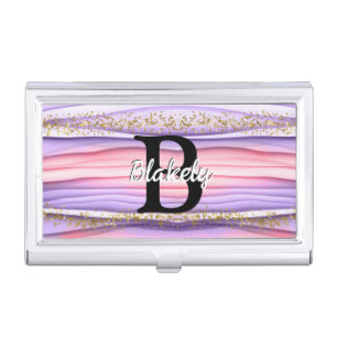 Cute Girly Pink & Purple Monogram Glitter Sparkle Business Card Case