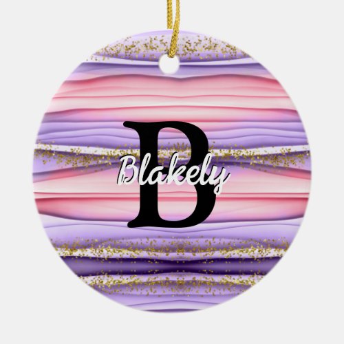 Cute Girly Pink  Purple Monogram Glitter Sparkle Ceramic Ornament