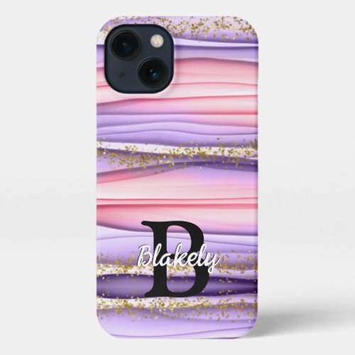 Cute Girly Pink  Purple Monogram Glitter Sparkle iPhone 13 Case