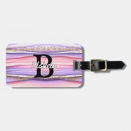 Cute Girly Pink  Purple Monogram Glitter Sparkle Luggage Tag