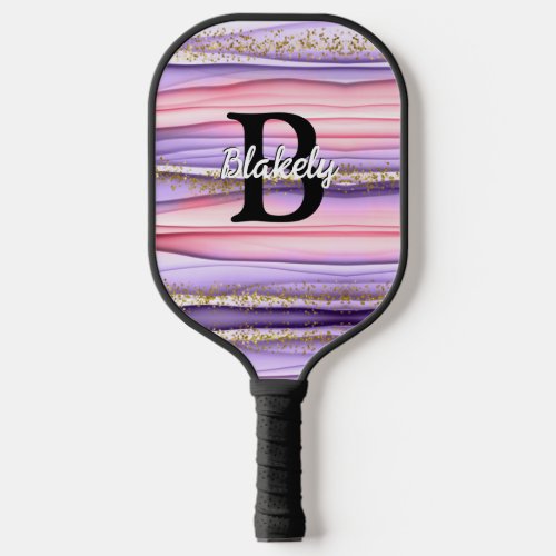 Cute Girly Pink  Purple Monogram Glitter Sparkle Pickleball Paddle