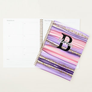 Cute Girly Pink & Purple Monogram Glitter Sparkle Planner