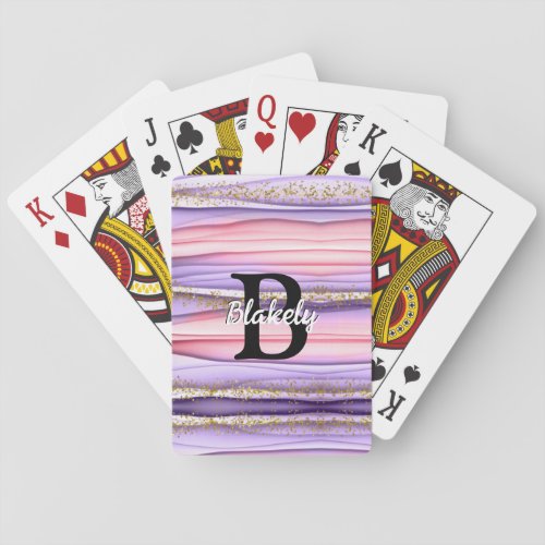 Cute Girly Pink  Purple Monogram Glitter Sparkle Poker Cards