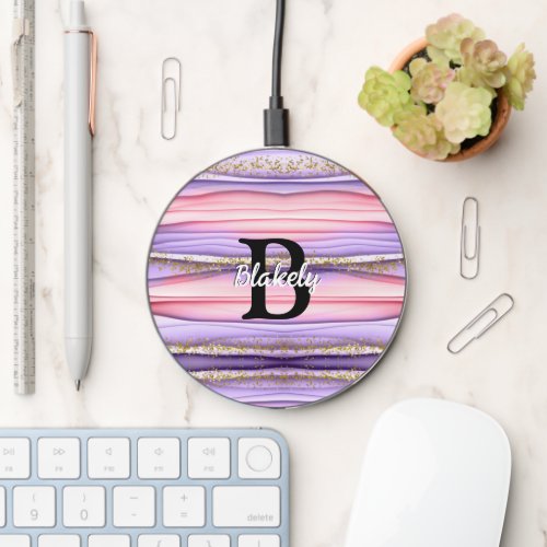 Cute Girly Pink  Purple Monogram Glitter Sparkle Wireless Charger