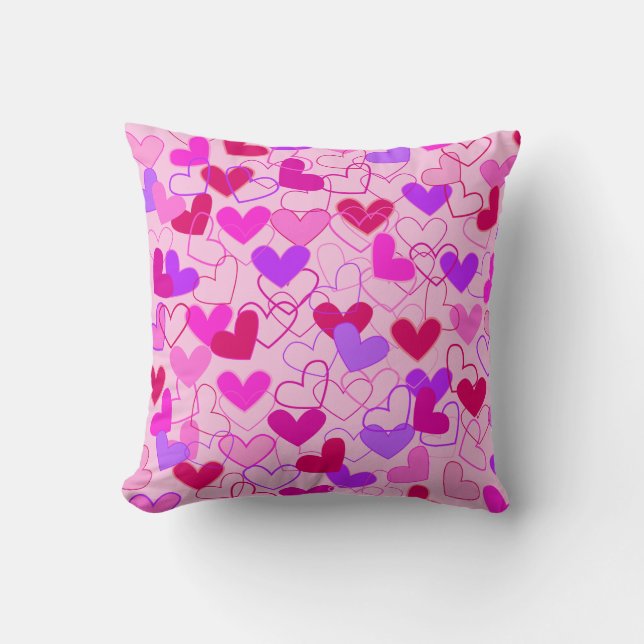 Cute Girly Pink Purple & Red Hearts Pattern Throw Pillow (Front)