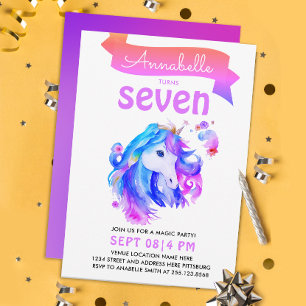Cute Girly Pink Purple Unicorn Fantasy Watercolor Invitation