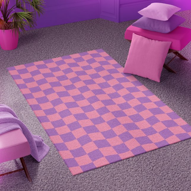 Cute Girly Pink Purple Wavy Checkerboard Pattern Rug (Cute Girly Pink Purple Wavy Checkerboard Pattern Rug - 4' x 6')