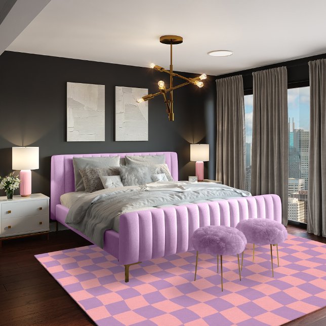 Cute Girly Pink Purple Wavy Checkerboard Pattern Rug (Creator Uploaded)