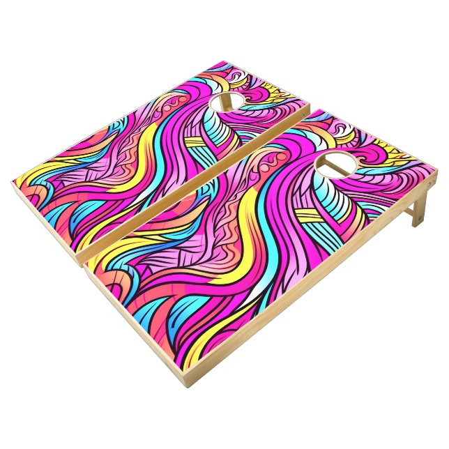 Cute Girly Pink Purple Yellow Retro  Cornhole Set (Angled)