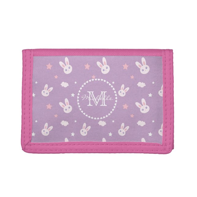 Cute Girly Pink Rabbit Pastel Purple Monogram Trifold Wallet (Front)