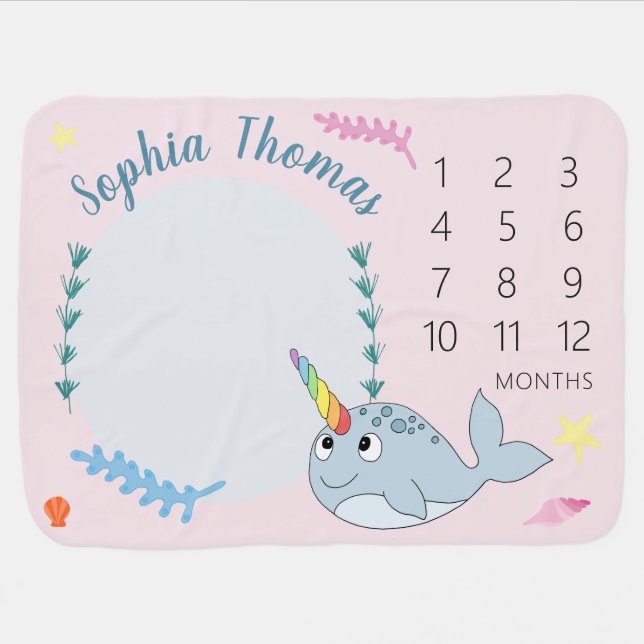 Cute Girly Pink Rainbow Narwhal Growth Milestone Baby Blanket (Horizontal)