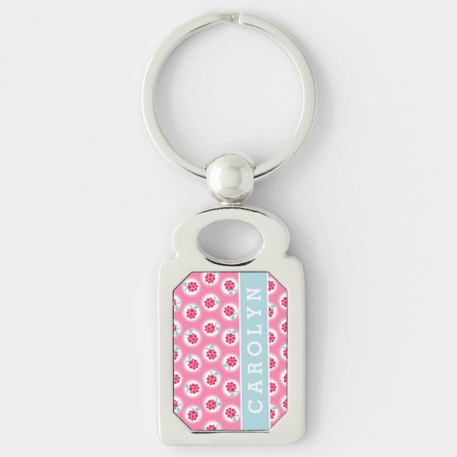 Cute girly pink raspberry patterns monogram keychain (Front)