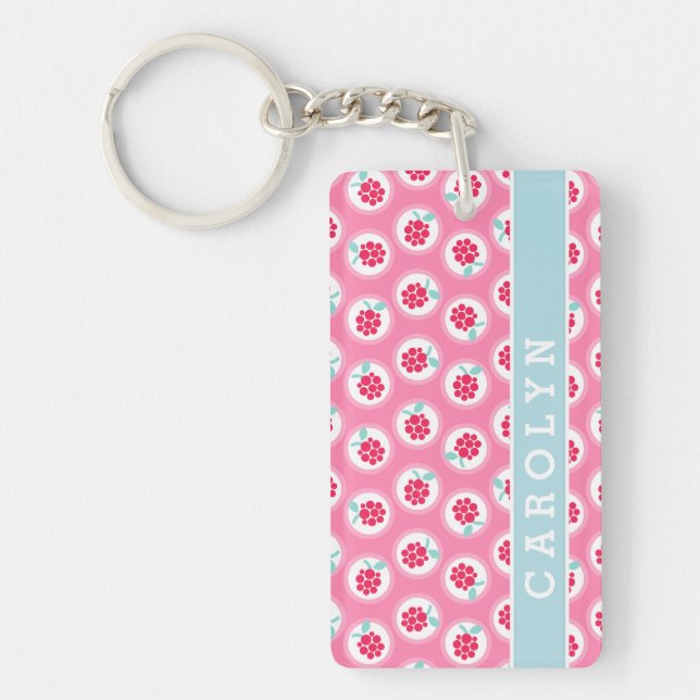 Cute girly pink raspberry patterns monogram keychain (Front)
