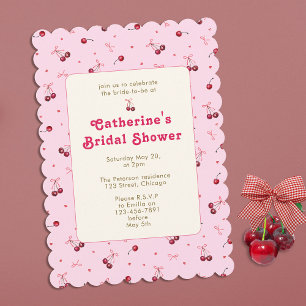Cute Girly Pink Red Cherries Hearts Bows Invitation