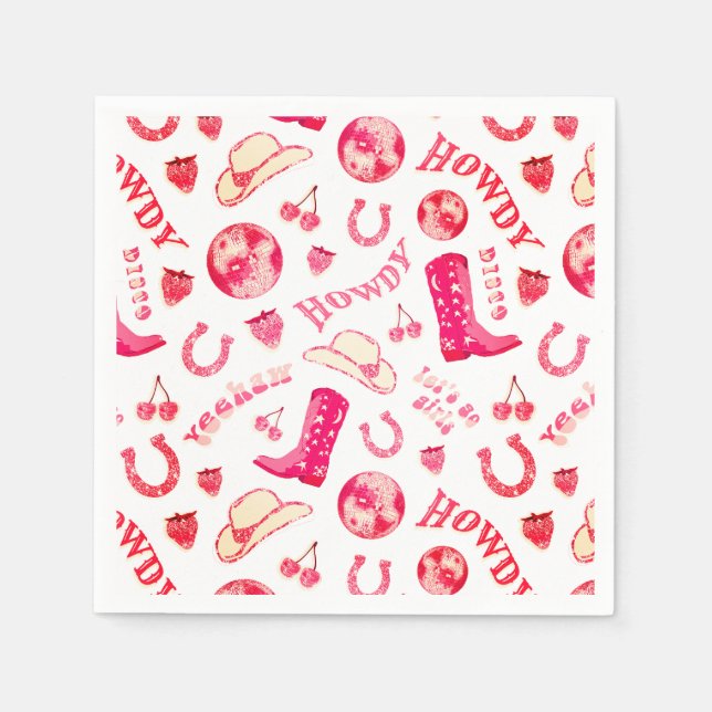 Cute Girly Pink Red Disco Cowgirl Aesthetic Napkins (Front)