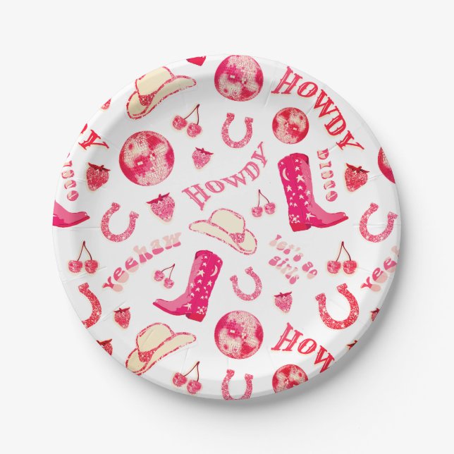Cute Girly Pink Red Disco Cowgirl Aesthetic Paper Plates (Front)