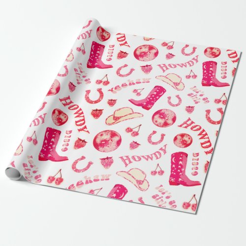 Cute Girly Pink Red Disco Cowgirl Aesthetic Wrapping Paper