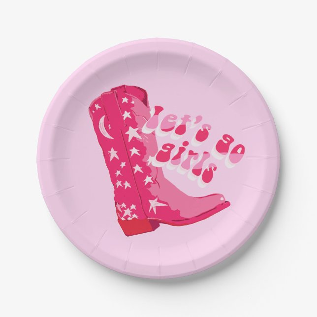 Cute Girly Pink Red Disco Cowgirl Boot Paper Plates (Front)