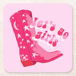 Cute Girly Pink Red Disco Cowgirl Boot Square Paper Coaster