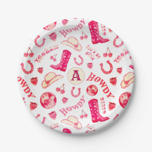 Cute Girly Pink Red Disco Cowgirl with Monogram Paper Plates