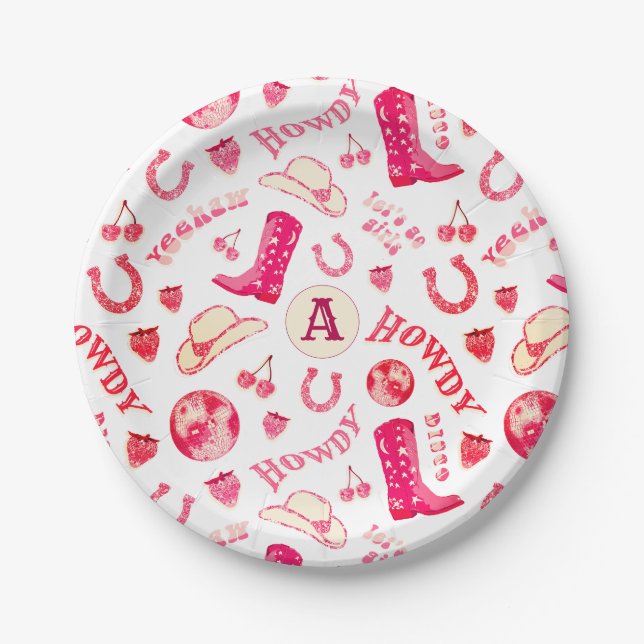 Cute Girly Pink Red Disco Cowgirl with Monogram Paper Plates (Front)