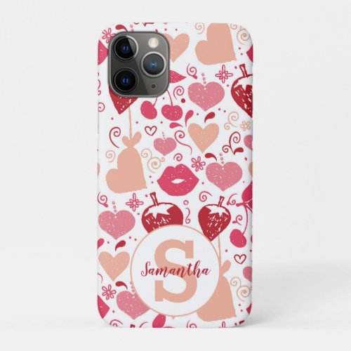 Cute Girly Pink Red Hearts Lips Custom Monogram iPhone 11 Pro Case